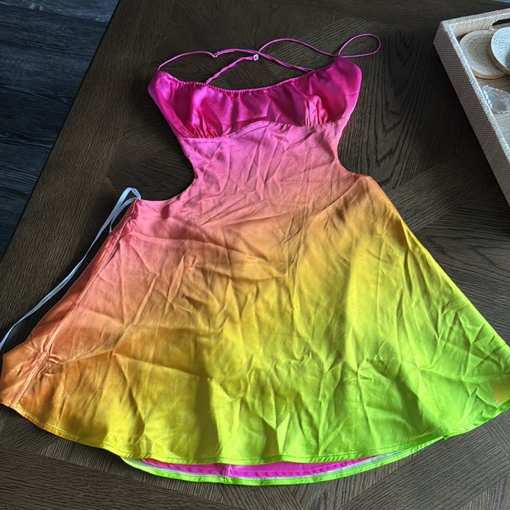 Retrofete One-Shoulder Ombre Satin Mini Dress in Pink-Orange-Green - Picture 8 of 12